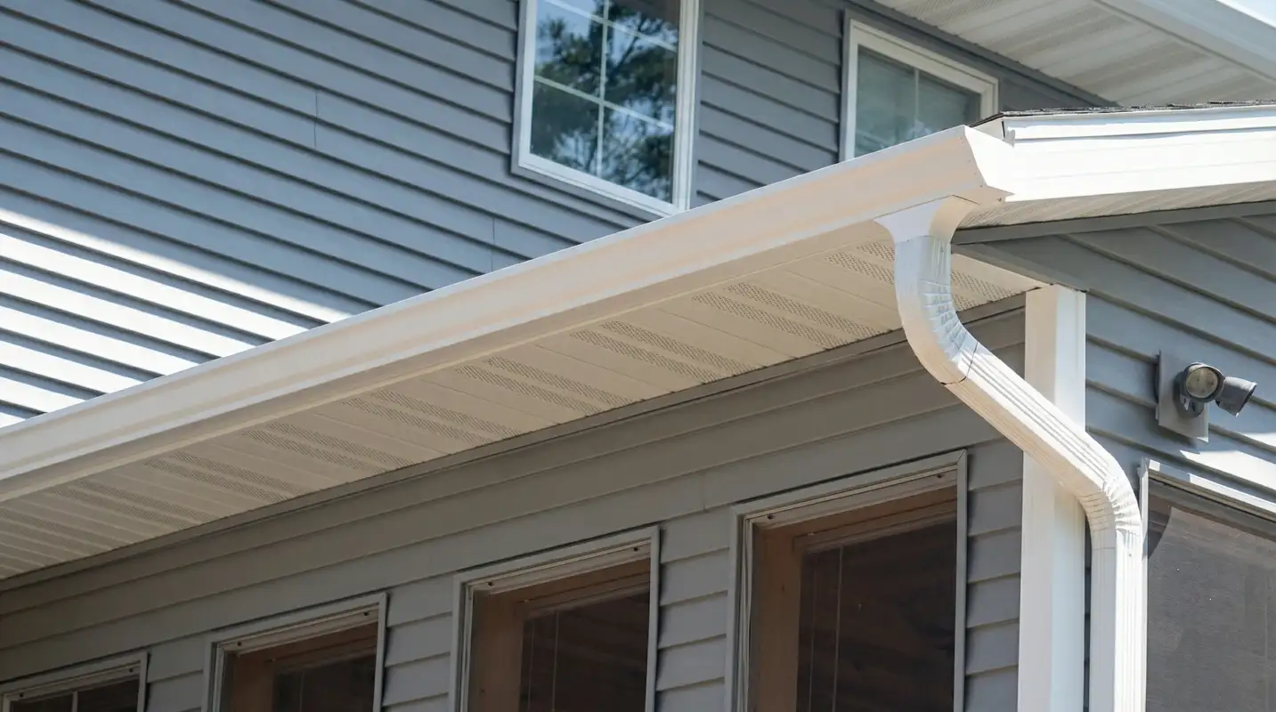 Professional home remodeling project showing newly installed white seamless gutters and downspouts on a house with gray siding in Sacramento, CA