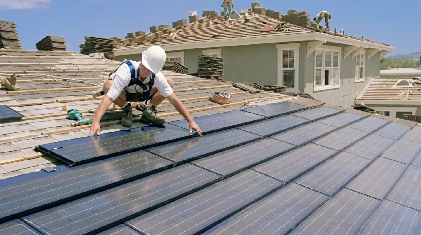 Roof replacement expert installing modern solar shingles on a residential home in Sacramento, CA