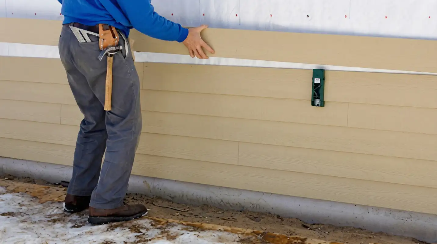 Siding replacement expert carefully aligning a new tan siding panel onto a residential exterior wall in Sacramento, CA