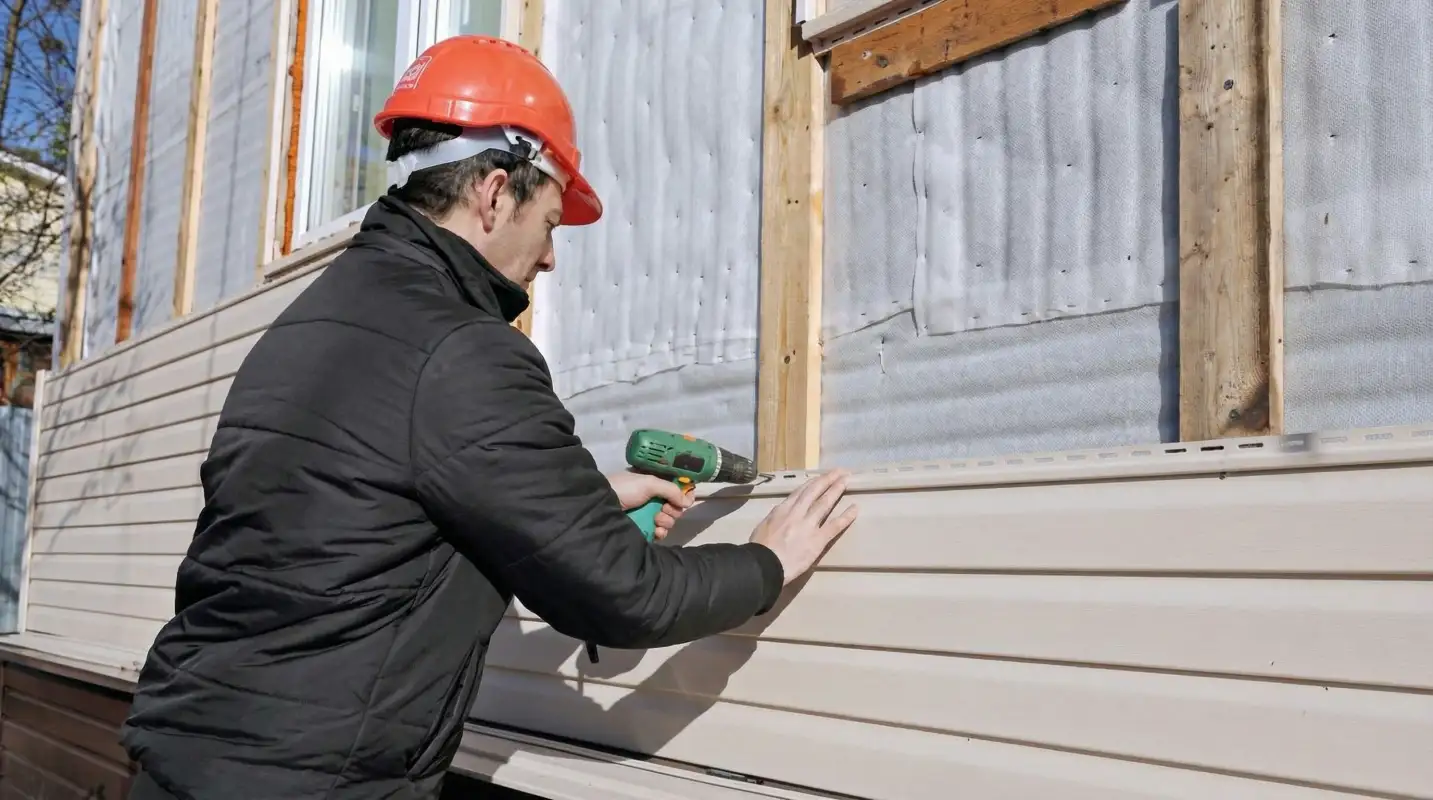 Siding replacement professional using a power drill to install new tan vinyl siding on a home exterior in Sacramento, CA