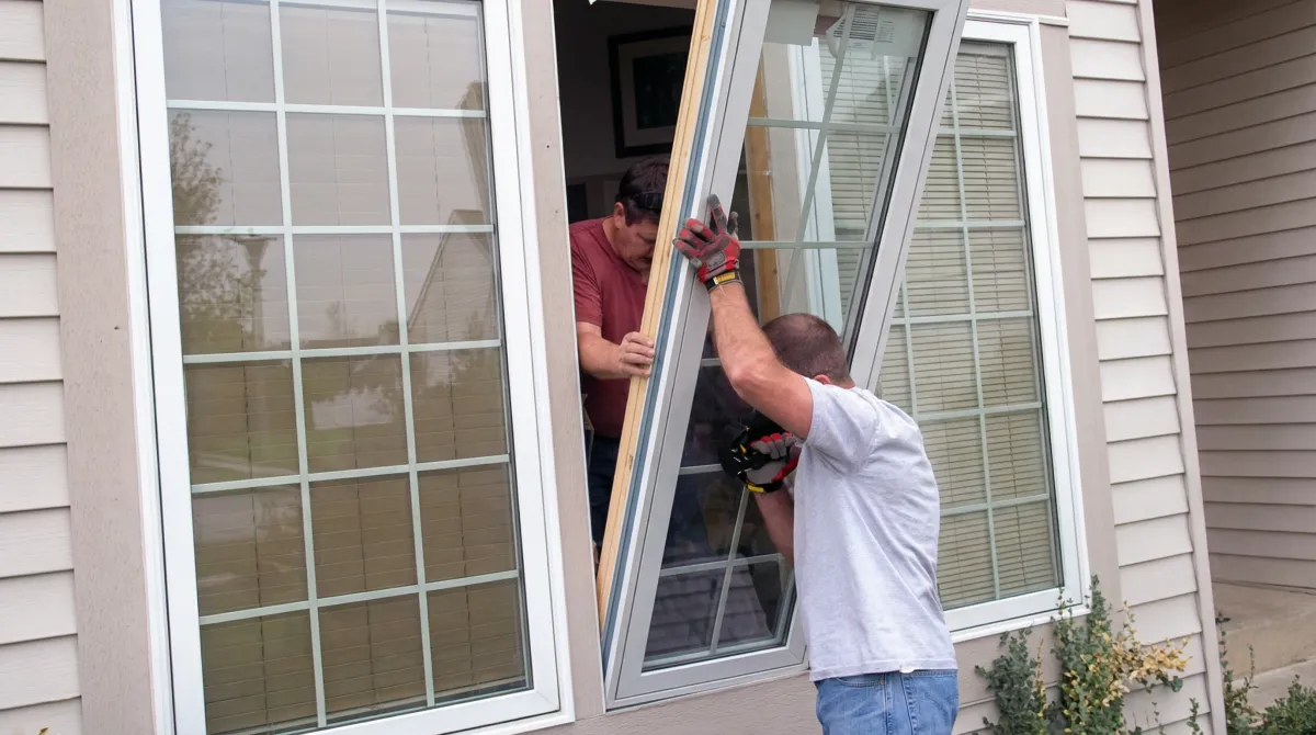 Professional home remodeling team installing a large replacement window on a house with tan siding in Sacramento, CA