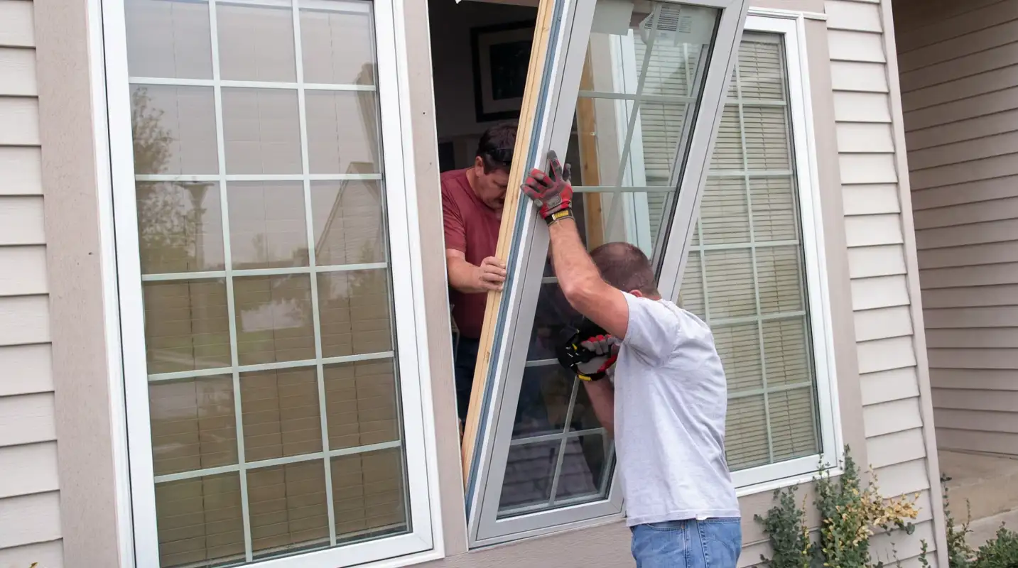 Professional home remodeling team installing a large replacement window on a house with tan siding in Sacramento, CA